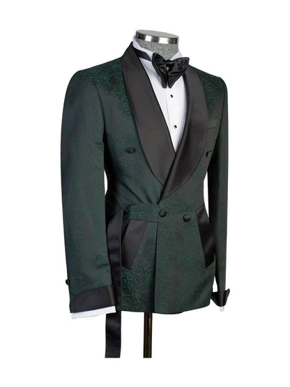 Green Jacquard Belted Tuxedo Suit