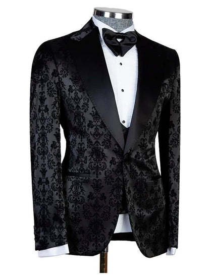 Black Peaked Lapel Elegant Bespoke Jacquard Three Pieces Men Suits