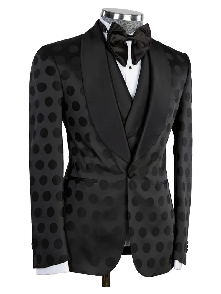 Black Dot Pattern Slim Fit Shawl Lapel 3 Piece Suit