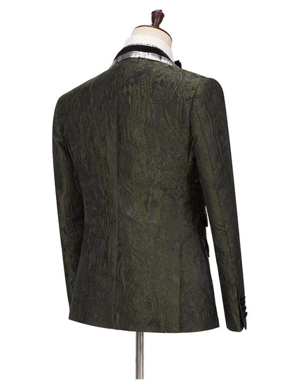 Dark Green Jacquard Peak Lapel Double Breasted Men's Suit