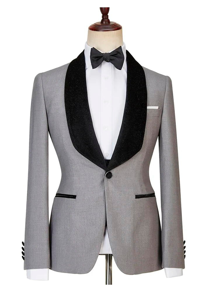 Light Gray 3 Piece Jacquard Shawl Lapel Suit