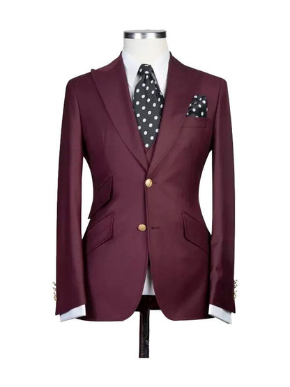 Burgundy Peak Lapel Men's 3 Piece Suit