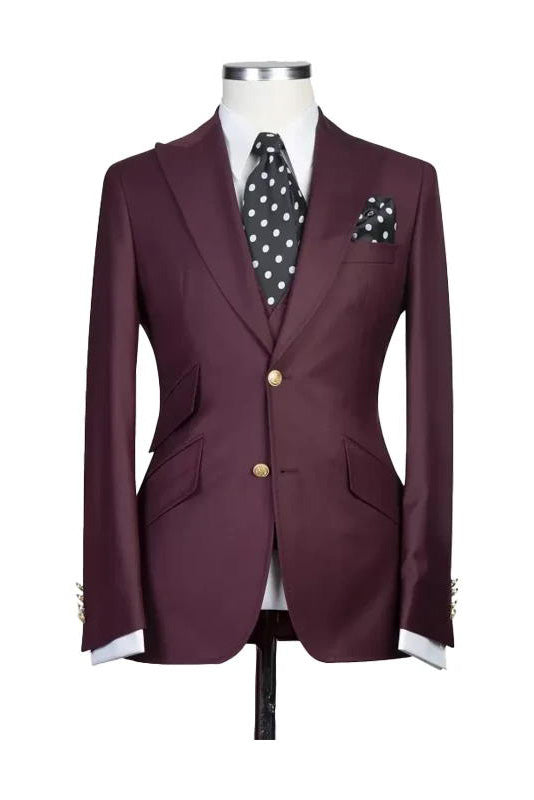 Burgundy Peak Lapel Men's 3 Piece Suit