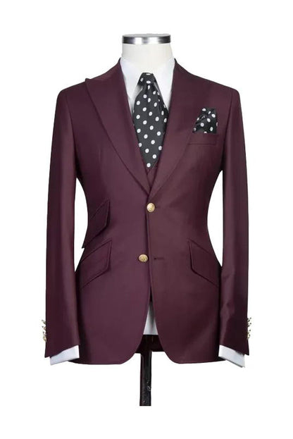 Burgundy Peak Lapel Men's 3 Piece Suit