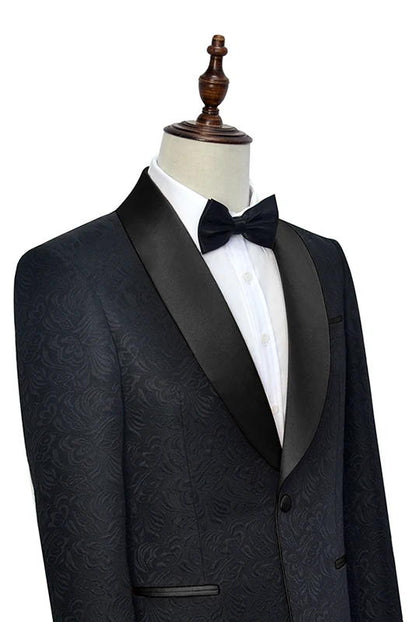 Black Shawl Lapel One Button Jacquard Wedding Tuxedo Suits