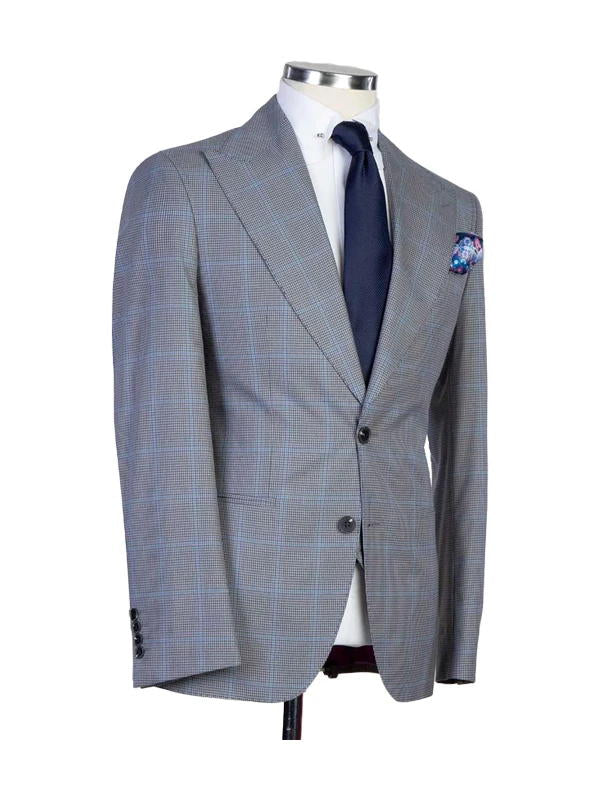 Grey Plaid Peak Lapel Single Breasted 3 Pieces Suits