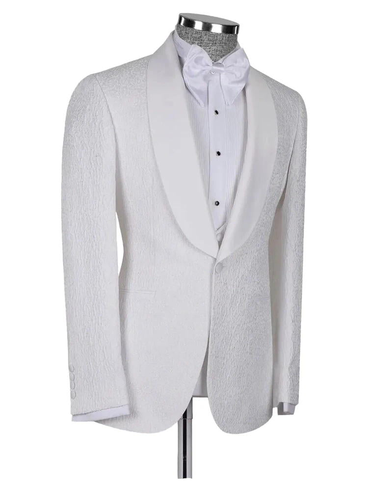 White Shawl Lapel Jacquard Wedding 3 Piece Suit