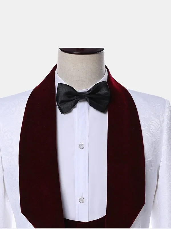 White 3 Piece Burgundy Lapel Jacquard Prom Suit For Groom