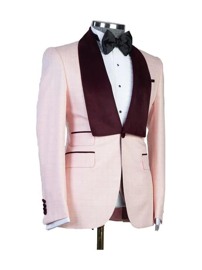 Pink 3 Piece Single Breasted White Shawl Lapel Tuxedo