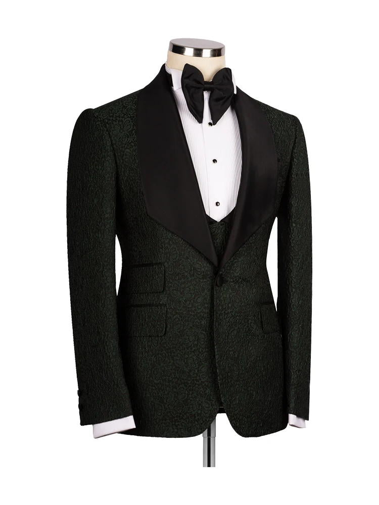 Dark Green 3 Piece Jacquard Slim Fit Shawl Lapel Wedding Suits