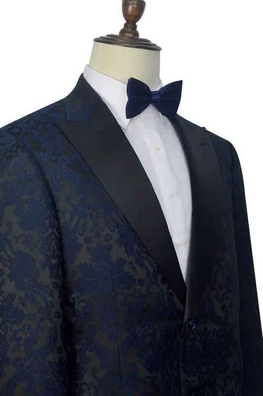 Dark Navy Blue Jacquard Peak Lapel Men's Suits For Wedding