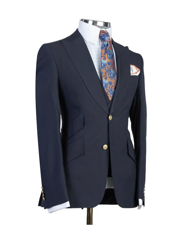 Dark Blue Peak Lapel Men's 3 Piece Suit