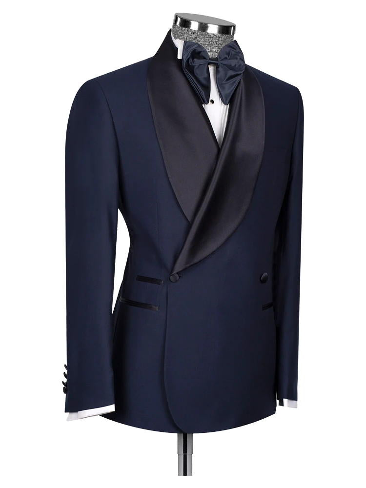 Navy Blue One Button Satin Black Collar Men Two Piece Suits