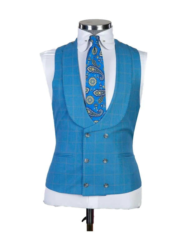 Sky Blue Plaid Peak Lapel Single Breasted Man Suit