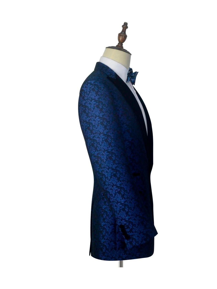 Blue Floral Pattern Black Peak Lapel Prom Tuxedos