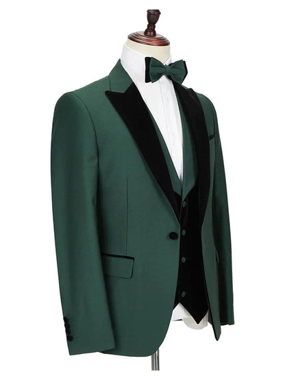 Green 3 Piece Wedding Blazer With Black Peak Lapel For Groom