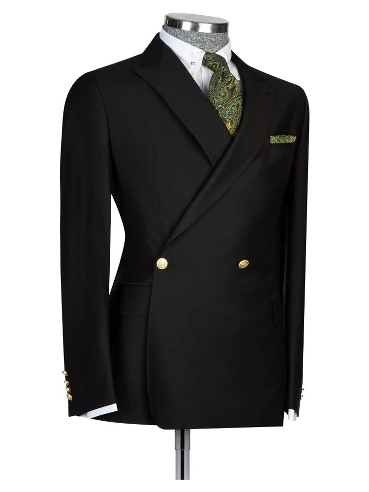 2 Piece Peak Lapel Black Double Breasted Suit With Gold Button