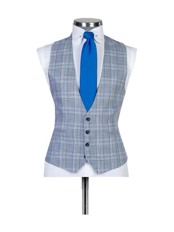 Light Blue Plaid Peak Lapel Single Breasted 3 Pieces Suits