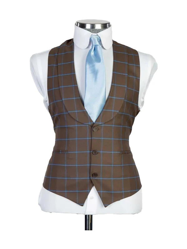 Dark Brown 3 Piece Luxurious Plaid Slim Fit Business Peaked Lapel Suits