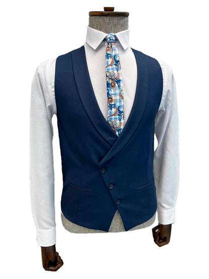 Dark Navy Blue Notch Lapel Men's Party 3 Piece Suit