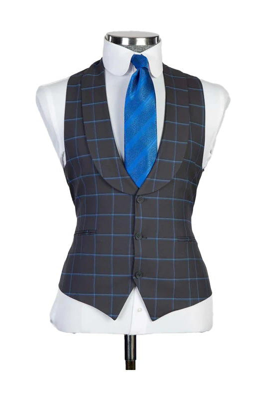 Dark Gray 3 Piece Luxurious Plaid Peaked Lapel Suit