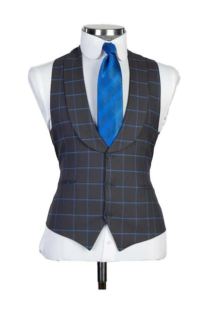 Dark Gray 3 Piece Luxurious Plaid Peaked Lapel Suit