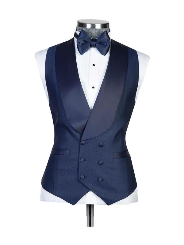 Navy Blue 3 Piece Satin Shawl Lapel Suit