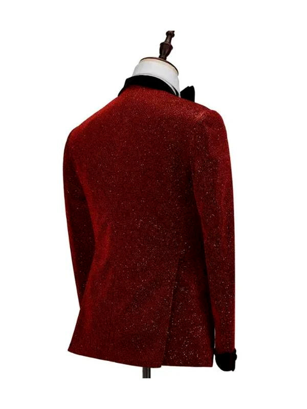 Sparkle Red 2 Piece Black Shawl Lapel Double Breasted Suits