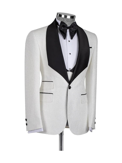White 3 Piece Jacquard Slim Fit Shawl Lapel Wedding Suits