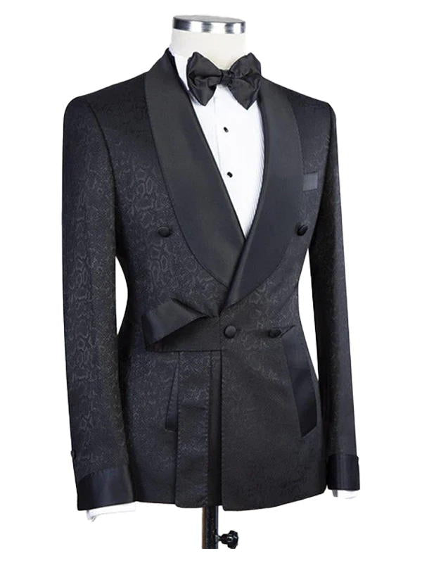 Dark Blue Double Breasted Shawl Lapel Jacquard Wedding Suit