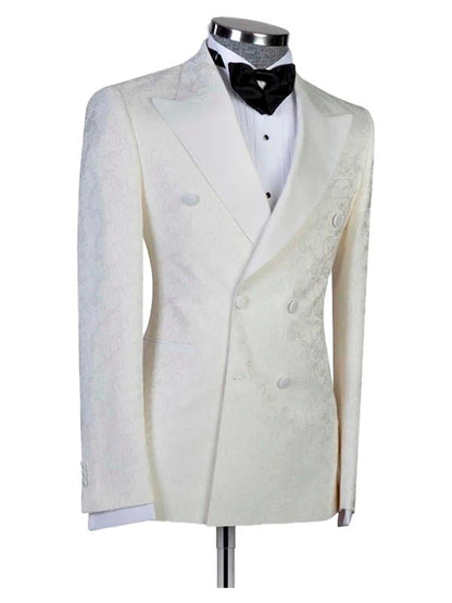 White Jacquard Peaked Lapel Double Breasted Wedding Suit