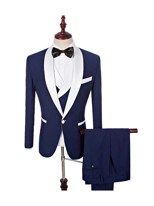 Navy Blue 3 Piece One Button White Shawl Lapel Wedding Tuxedos