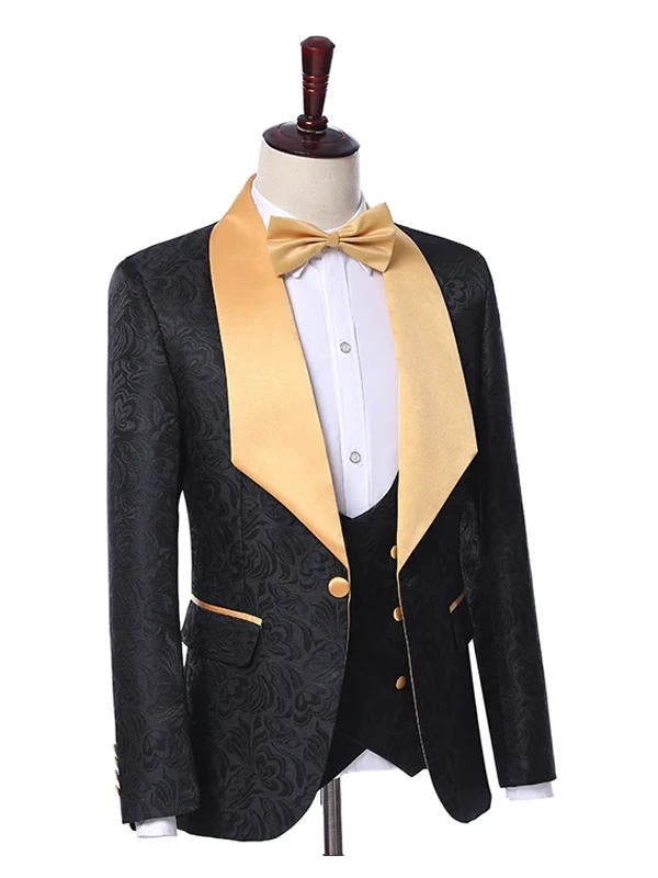 Black Jacquard Tuxedo 3 Piece Gold Shawl Lapel Suit