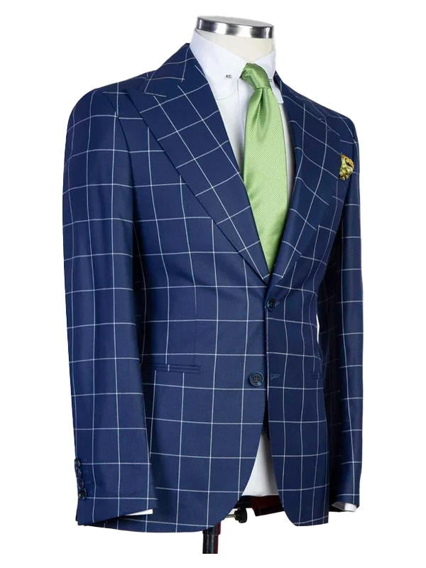 Navy Blue Plaid Peak Lapel Single Breasted 3 Pieces Suits