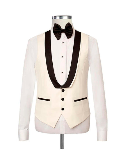 Off White Satin Peak Lapel Tuxedo 3 Piece Suit