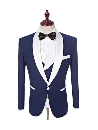 Navy Blue 3 Piece One Button White Shawl Lapel Wedding Tuxedos