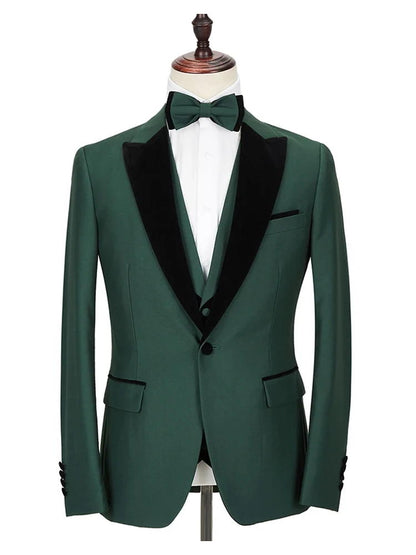 Green 3 Piece Wedding Blazer With Black Peak Lapel For Groom