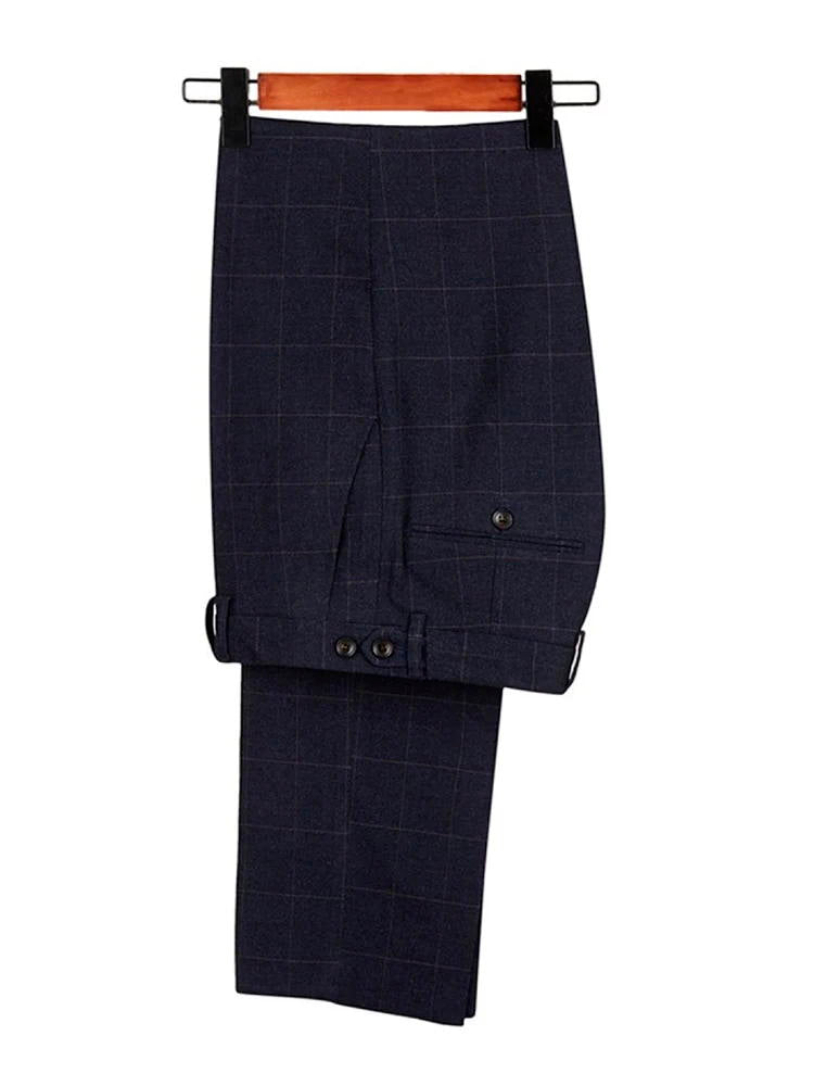 Dark Navy Blue Plaid Peak Lapel 3 Piece Suit