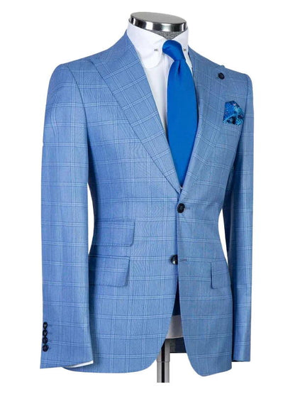 Blue Slim Fit Peak Lapel Single Breasted Plaid Man Suit