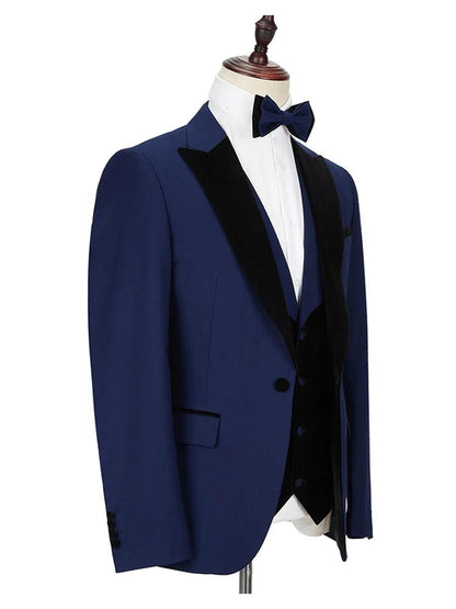 Dark Blue 3 Piece Peak Lapel Velvet Lapel Formal Suit