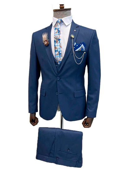 Dark Navy Blue Notch Lapel Men's Party 3 Piece Suit