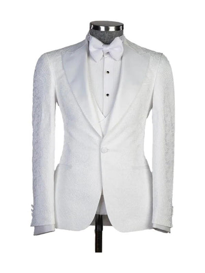 White Jacquard Peak Lapel 3 Piece Men's Suit