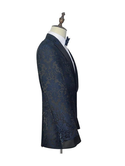 Dark Navy Blue Jacquard Peak Lapel Men's Suits For Wedding