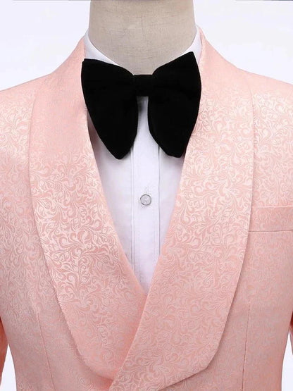 Pink 2 Piece Double Breasted Jacquard shawl Lapel Suits