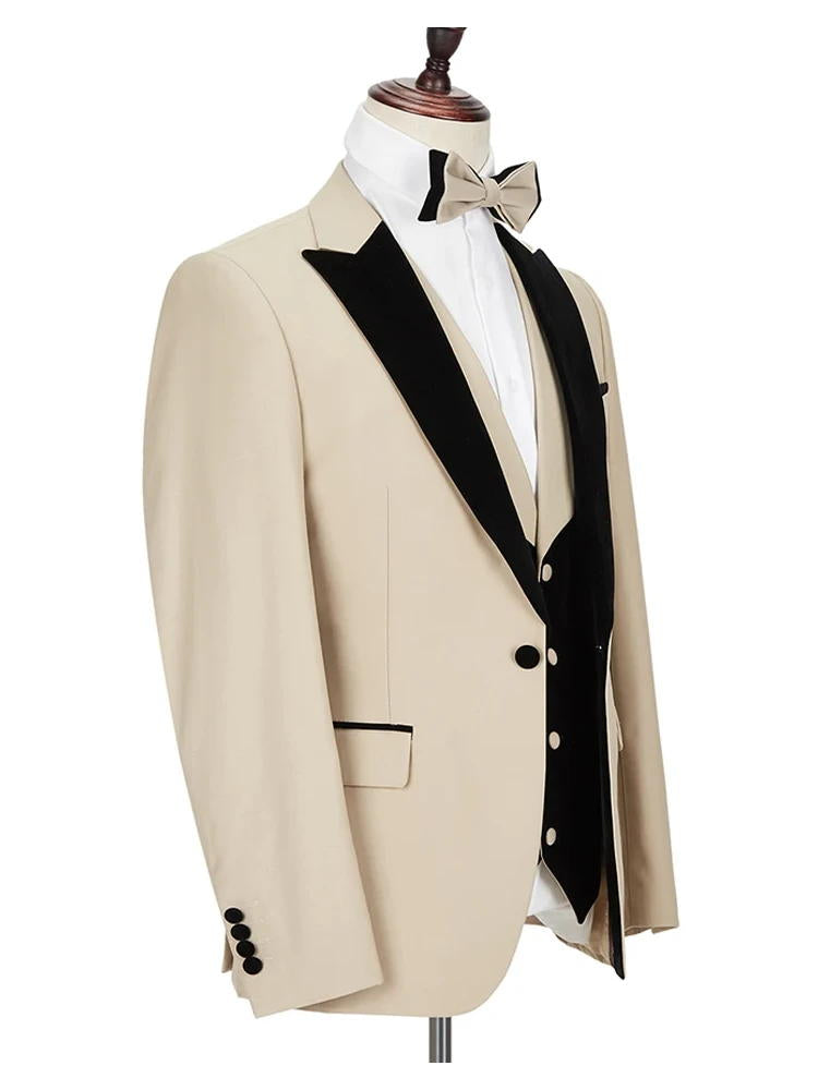 Champagne 3 Piece Black Peak Lapel Velvet Banding Edge Formal Suit