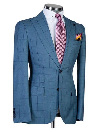 Blue Peak Lapel Single Breasted Plaid Man Suit