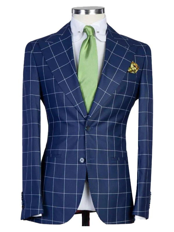 Navy Blue Plaid Peak Lapel Single Breasted 3 Pieces Suits