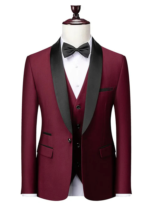 Business Classic Casual Wine Red Three Piece Satin Shawl Lapel Slim Fit Men Suits