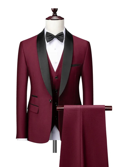 Business Classic Casual Wine Red Three Piece Satin Shawl Lapel Slim Fit Men Suits