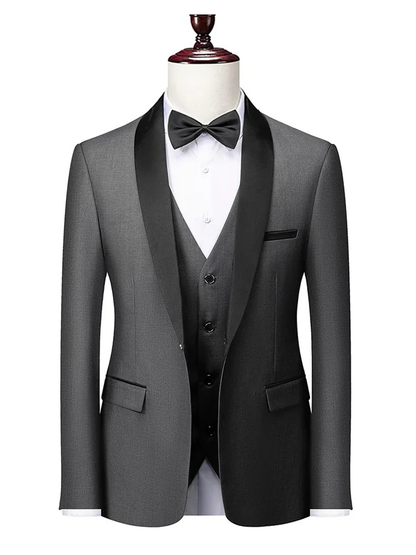 Business Casual Dark Grey Three Piece Satin Shawl Lapel Standard Fit Wedding Men Suits